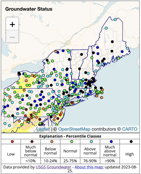 Groundwater levels are near to above normal in much of the Northeast. Below-normal groundwater is present in parts of New York and Massachusetts.