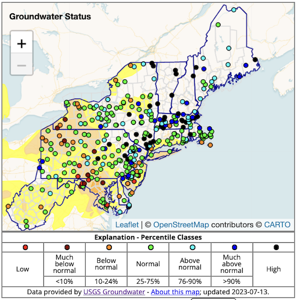 Groundwater levels are near to above normal in much of the Northeast. Below-normal groundwater is present in the southern portion of the region (Pennsylvania, Maryland, New Jersey).