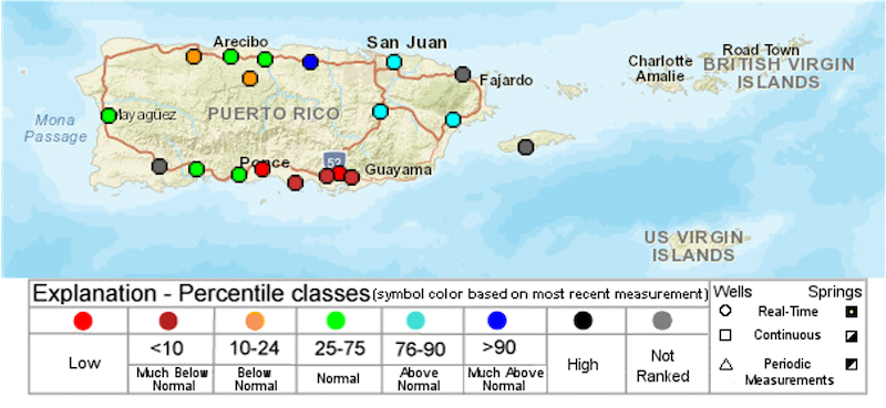 Groundwater levels for the U.S. Virgin Islands and Puerto Rico from the U.S. Geological Survey network.  