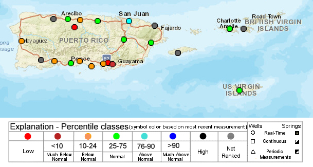 Current groundwater levels for Puerto Rico and the U.S. Virgin Islands. There have been improvements, bu some aquifers are still running below normal across south and north Puerto Rico.