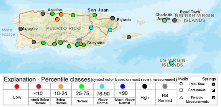 Groundwater levels for the U.S. Virgin Islands and Puerto Rico. Most wells are at normal levels except for a few outiers across north and south Puerto Rico.