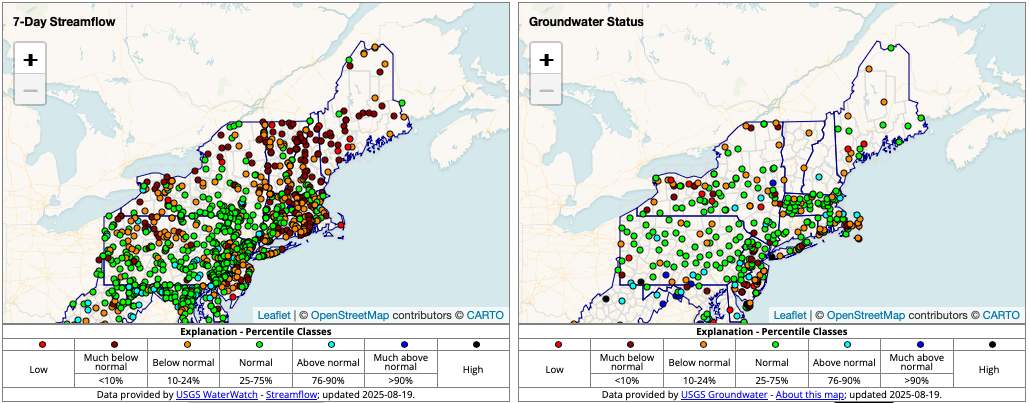 7-day streamflows are mostly below- to much-below-normal across the Northeast, with the exception of southern New York. Groundwater levels are a mix of normal to low across the region. Groundwater levels are lowest in southern Maine and western New York.