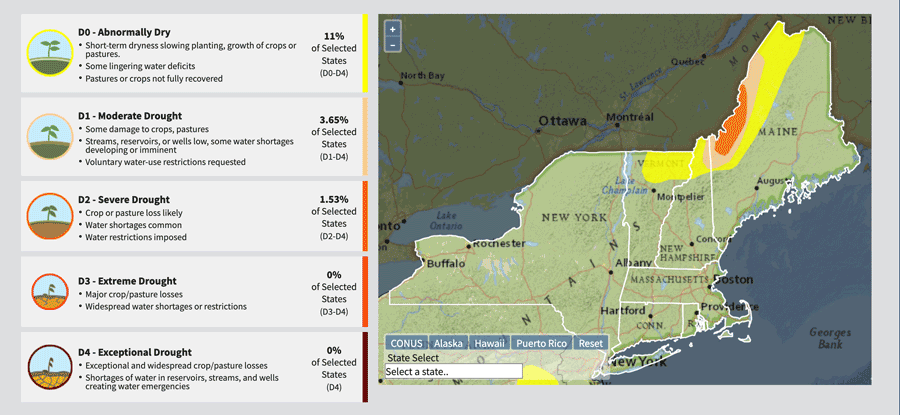 Animation of a map and statistics showing the progression of drought across the Northeast from January 4 to June 28, 2022, according to the U.S. Drought Monitor.
