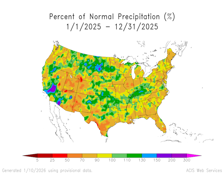 A map of the United States showing annual precipitation for 2025 as a percentage of normal. Much of the Pacific Northwest, Mountain West, Midwest, and Northeast are shaded in tan and brown, indicating precipitation levels between 50% and 90% of average. Southern California, the Northern Plains, and the Southwest received above-normal precipitation for the year.