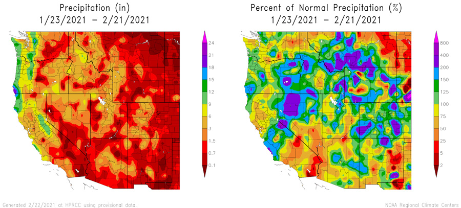 Left: 30 day precipitation totals to February 23, 2021. Right: 30 day percent of normal precipitation to February 23, 2021.