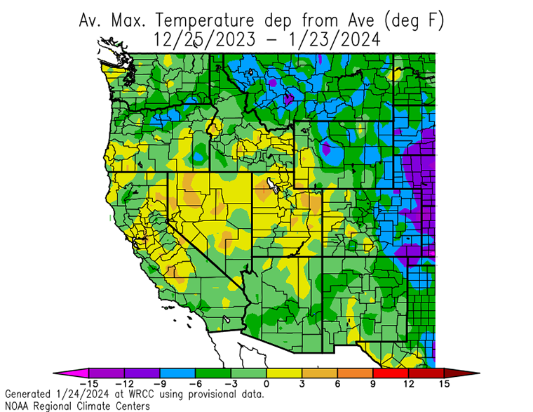 Map of Western states showing departures from normal maximum temperature from December 24, 2023 - January 22, 2024. The majority of the Intermountain West region was cooler than normal, with the exception of Utah which had 1-6 ° F above average temperatures.