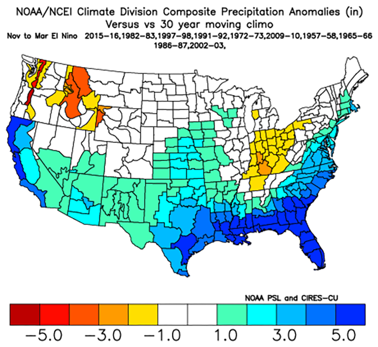 Map of North America showing El Niño Composite Precipitation Anomalies for November-March 30 year moving climatology record. Southern region of the US shows increased precipitation during El Nino events for March-November.
