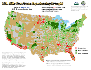 Maps currently show areas where drought is affecting production of cattle, hogs and pigs, sheep and lambs, hay, and alfalfa. Additional field crop maps will be added in the future.