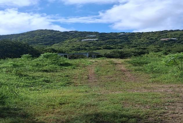 Vista panorámica del pico Lang, en St. Croix, que muestra una finca verde con manchas irregulares de vegetación seca y marrón. El color marrón indica que la vegetación sufre estrés debido a las condiciones cálidas y ventosas.