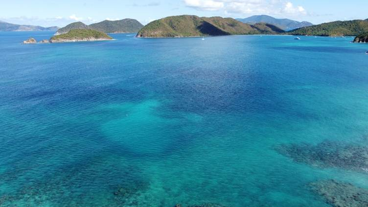 Esta foto muestra las aguas y las islas de San Juan. En primer plano se ve una bahía con diversos tonos brillantes de azul, y al fondo aparecen islas verdes y boscosas. 