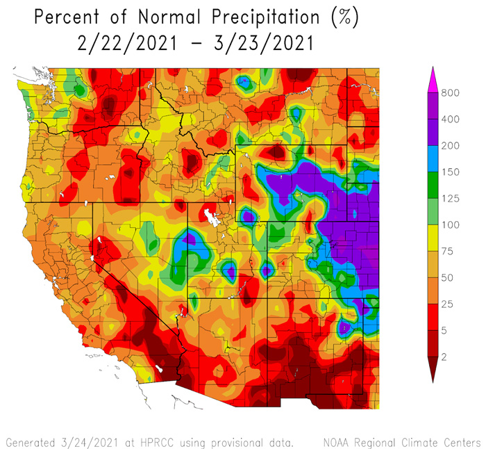 30-day percent of normal precipitation for the western contiguous U.S. through March 23, 2021