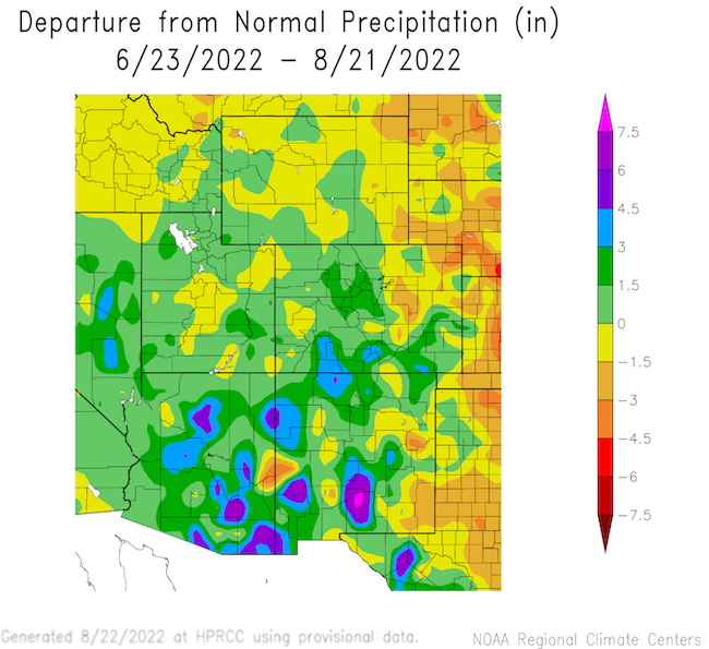 Departure from normal precipitation for the 60 days from 23 June through 21 August, 2022. Colorado, Utah, Arizona and New Mexico have all had above average precipitation for this period. 