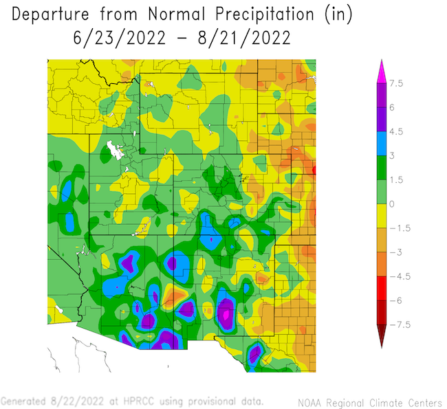 Departure from normal precipitation for the 60 days from 23 June through 21 August, 2022. Colorado, Utah, Arizona and New Mexico have all had above average precipitation for this period.