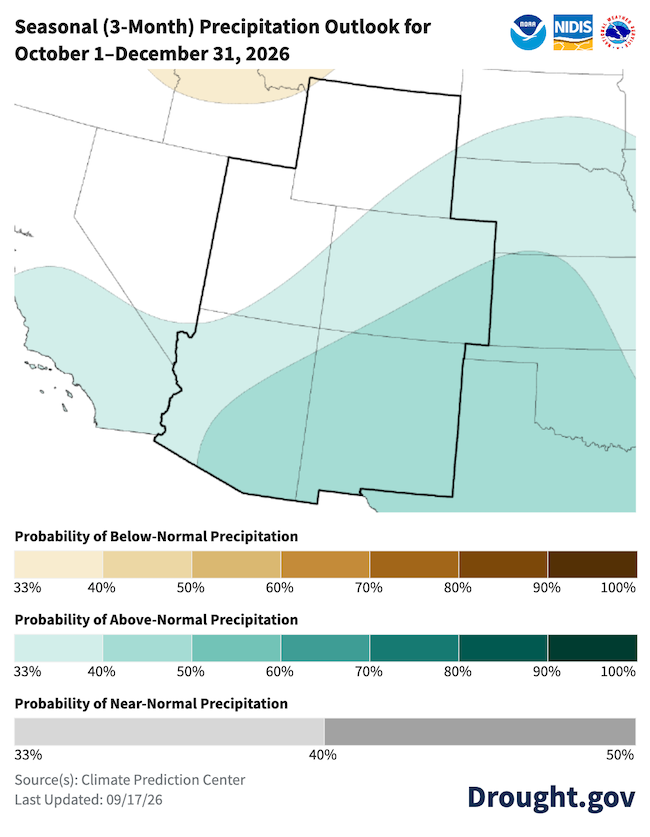This map shows  above normal precipitation is favored in Arizona, New Mexico, Colorado, and the southeastern parts of Utah and Wyoming from October to December  2026. 