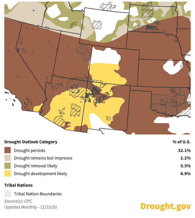 From December 15, 2022 to March 31, 2023, drought is predicted to persist where it already exists in the Intermountain West, with drought developing across Arizona and much of New Mexico and Colorado.