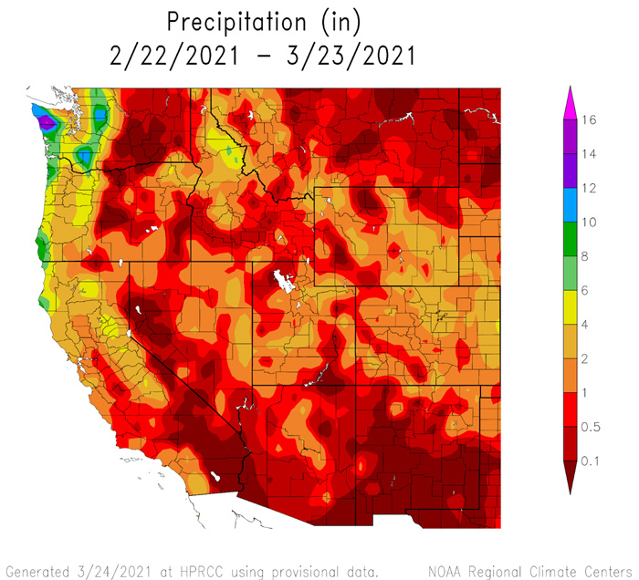 30-day precipitation totals for the western contiguous U.S. through March 23, 2021.