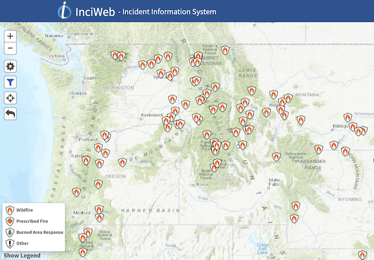 Map of all currently active wildfires in the Pacific Northwest, from the National Wildfire Coordinating Group's Incident Information System (InciWeb) as of July 29, 2021. There is a line of fires stretching from Northern California through Oregon and Washington to the Canadian borders along the Cascade Range. Multiple fires are also present across northern Washington, in the southeast corner of Washington and throughout the northern Idaho panhandle and into western Montana. 
