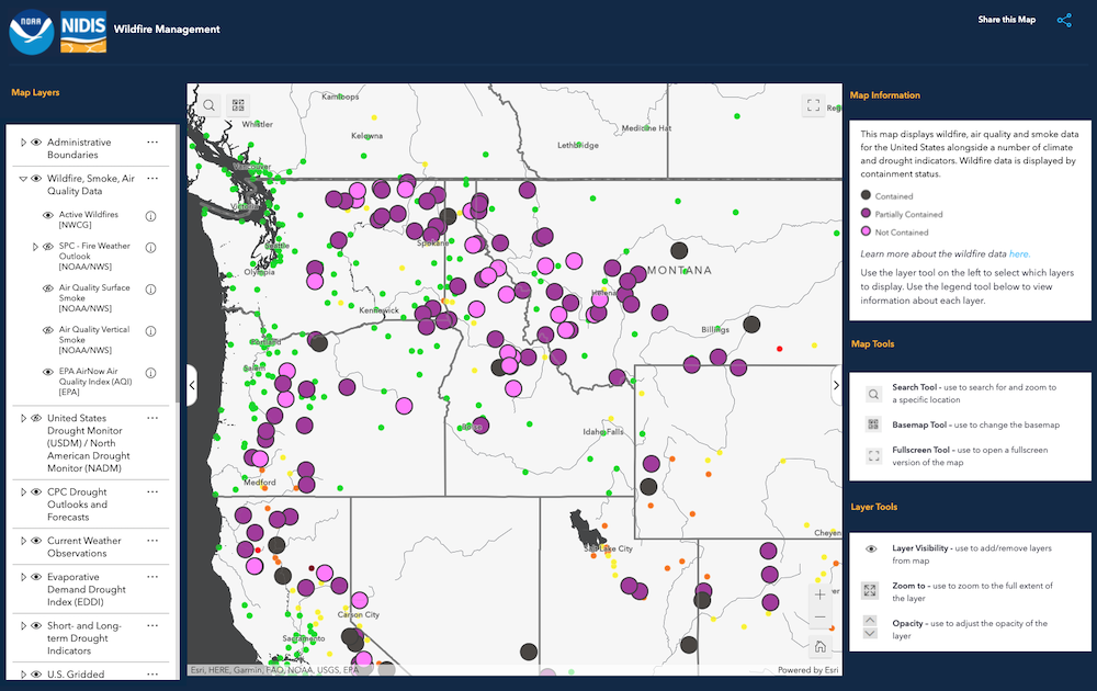 Interactive sector map for the wildfire management sector, showing active wildfire information alongside air quality data for the Pacific Northwest.
