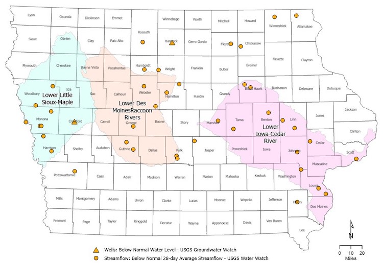 Western Iowa is experiencing below-normal shallow groundwater conditions.