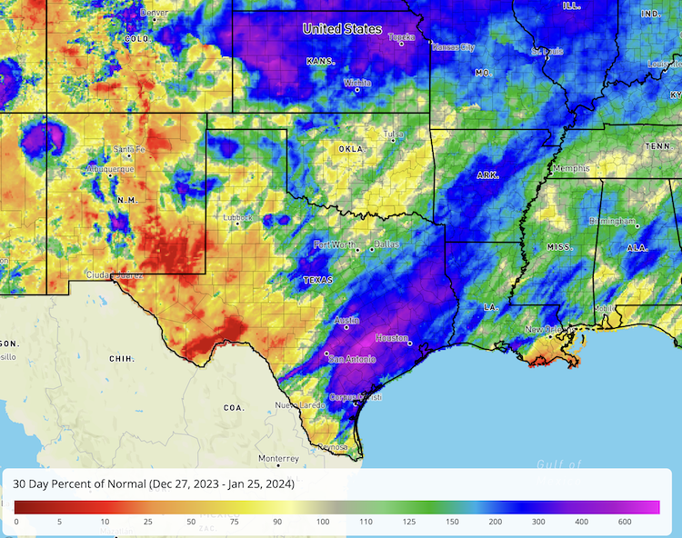 Over the 30 days to January 25, precipitation was above normal for Texas, Kansas, and parts of Oklahoma, with areas of below-normal precipitation extending across southern New Mexico, Central Texas, and eastern Oklahoma.