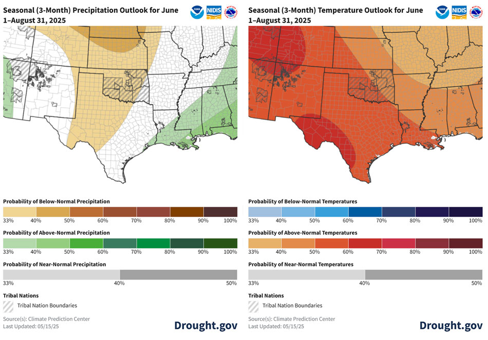 For June to August, odds slightly favor below-normal precipitation across the western half of the region with the highest odds for below-normal precipitation over northern Kansas (40%-50%). Odds favor above-normal temperatures across the whole region with the highest odds across southern and far west Texas (60%-70%).