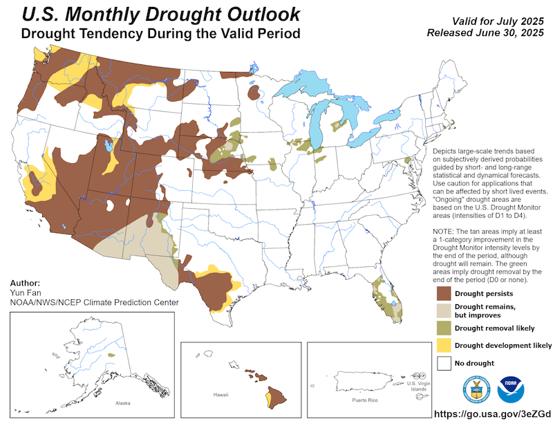 The monthly drought outlook for July 2025 shows drought persisting and expanding across the southwestern U.S. with the exception of improvements near the Arizona and New Mexico border and into western Texas. Small areas of drought removal are forecast for parts of New Mexico.