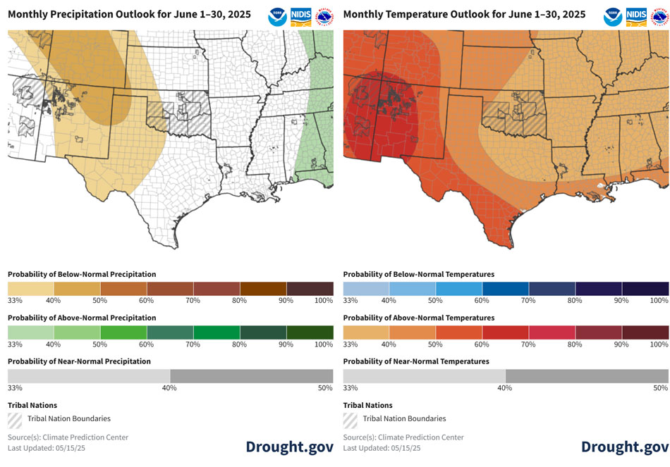 Odds slightly favor below-normal precipitation across the western half of the region with the highest odds for below-normal precipitation over the Oklahoma and Texas Panhandles and the southwest corner of Kansas (40%-50%). Odds favor above-normal temperatures across the whole region, with the highest odds across southern Texas from southern New Mexico to the Gulf Coast (50%-60%).