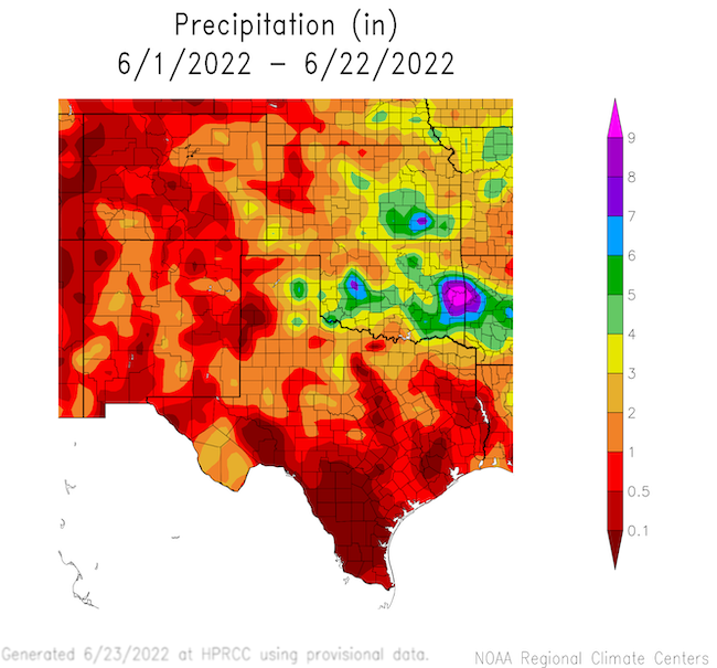 June to date (through June 22, 2022), most of the Southern Plains has received less than 2 inches with the exception of southern Oklahoma that has received 4 to 8 inches.