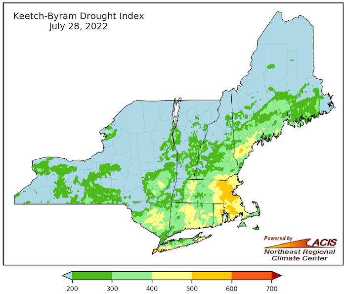 Keetch-Byram Drought Index (KBDI) for the Northeast, which measures the amount of precipitation necessary to return the soil to full field capacity. The greatest moisture deficiencies in the region are in eastern Massachusetts and Rhode Island.