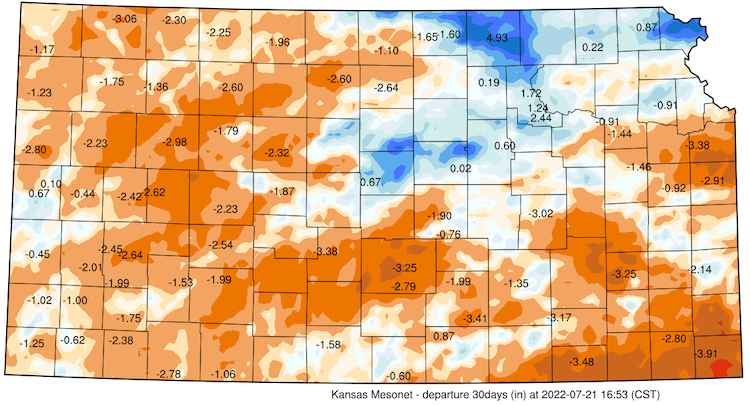 Kansas precipitation anomalies for the 30 days leading up to July 21. Western Kansas has precipitation anomaly values ranging from -0.5 to -2.98 inches.