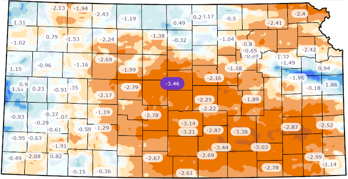 Kansas departure from normal precipitation for the last 30 days to 21 August. 