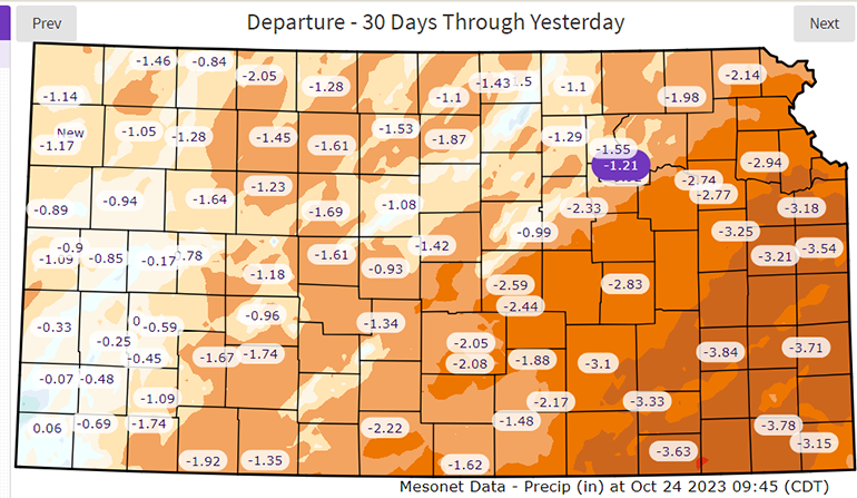 For the 30 days leading up to October 24, precipitation is below normal for nearly every station, with the largest deficits in southeast and east central Kansas. 