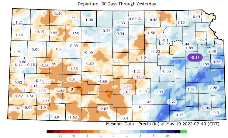 Departure from normal precipitation for Kansas over the last 30 days. The heaviest rains have remained isolated with much of the state at or below their 30 day average.
