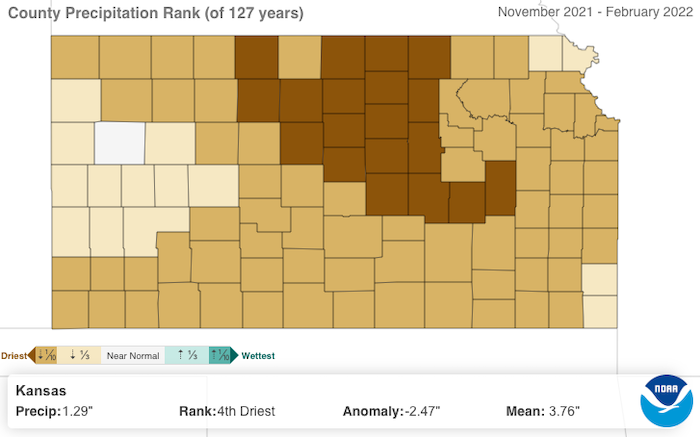 County precipitation rankings for November 2021–February for the state of Kansas, compared to historical conditions since 1895.
