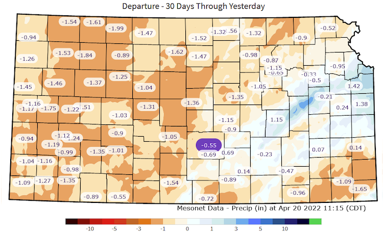 Departure from normal precipitation for the last 30 days. Minimal moisture has been observed for much of west/central Kansas.