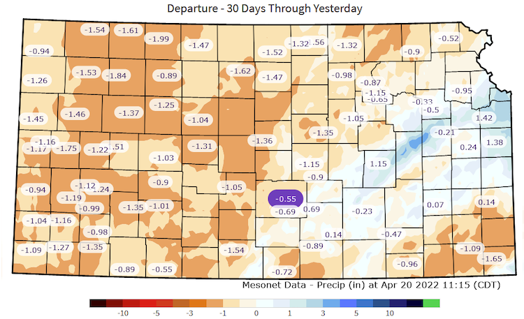 Departure from normal precipitation for the last 30 days. Minimal moisture has been observed for much of west/central Kansas. 