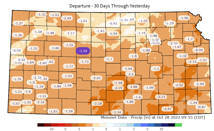 Much of Kansas has seen precipitation deficits over the past 30 days.