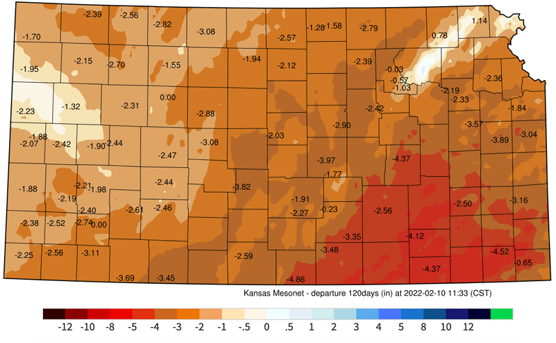 120-day departure from normal precipitation across Kansas, as of February 10, 2022.