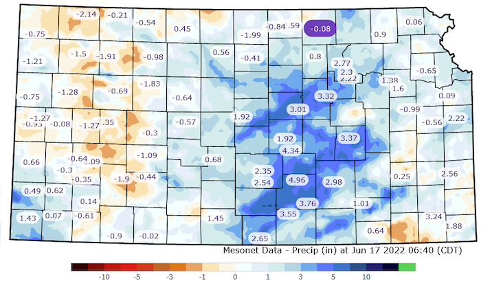 Departure from normal precipitation for Kansas over the last 30 days through June 17, 2022.