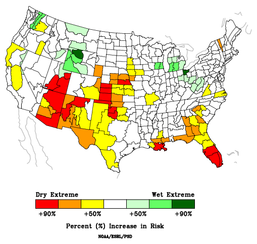Risk of wet or dry extremes from the historical composite of March through May La Ninas from NOAA ESRL/PSL for the continental US. Extreme dry conditions are likely for much of the Southwest and Florida. 