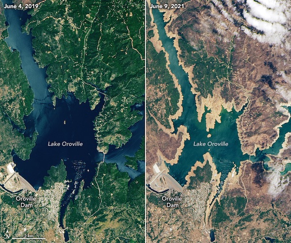 Landsat 8 images of Lake Oroville on June 4, 2019 (left) and June 9, 2021 (right), showing a dramatic increase in drought conditions and lower water levels over the 2 year period,