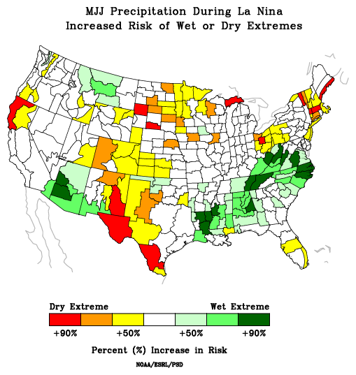 isk of wet or dry extremes from the historical composite of May through July La Ninas from NOAA ESRL/PSL for the continental U.S. Extreme dry conditions are likely for much of the Southwest. 