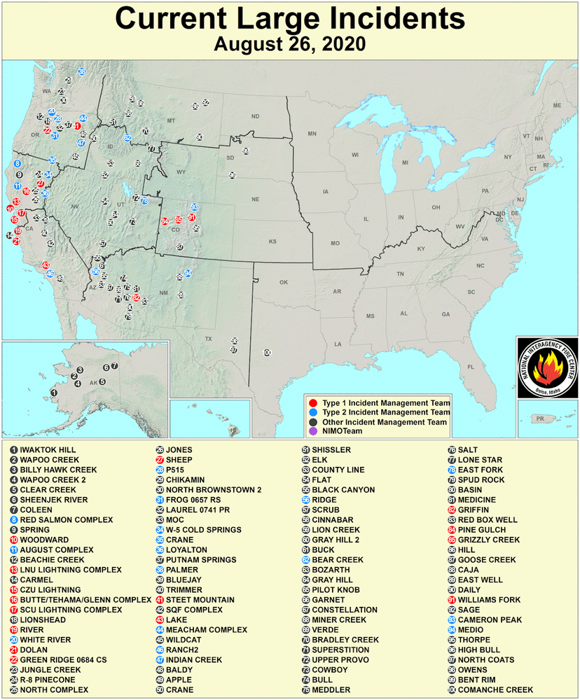 U.S. map showing large fire incidents on August 26, 2020. 