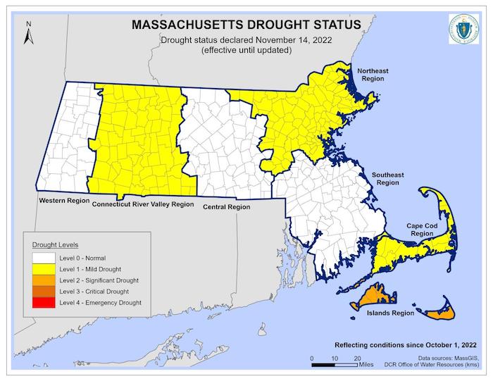 According to the state of Massachusetts' drought status map from November 14, the Connecticut River Valley Region, Northeast Region, and Cape Cod Region are in Level 1 - Mild Drought. The Islands Region is in Level 2 - Significant Drought.