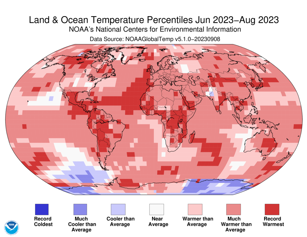 This map shows global temperature departures for June through August 2023.