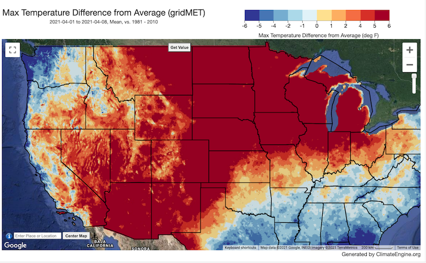 A map of maximum temperature difference from average from April 1-8 from gridMET of most of the continental U.S. Color scale ranges from -6 (blue) to 0 (between light blue and yellow) to 6 (red) oF. Most of the midwest, upper great plains, through the west and southwest (minus the far west coast) were above normal temperatures in early April. 