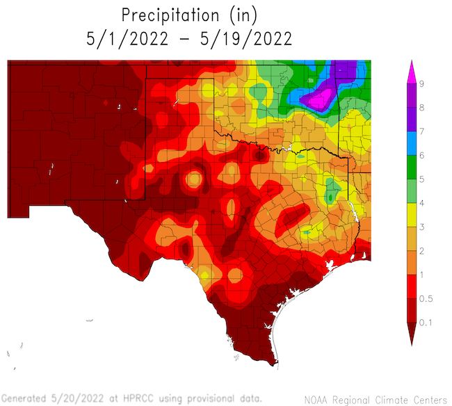 From May 1 to 19, western Kansas, Oklahoma, and Texas have all received less than 0.1 inches of precipitation.
