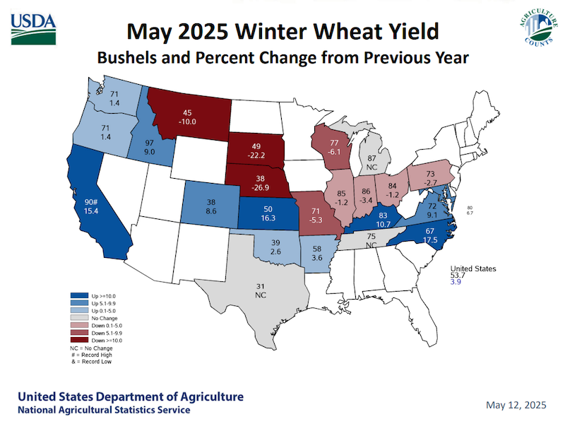 Winter wheat yields are down 10% to 27%from Montana to Nebraska. 