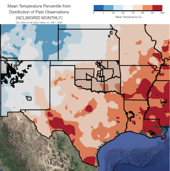 Much of the Southern Plains has had persistently high temperatures over winter. 