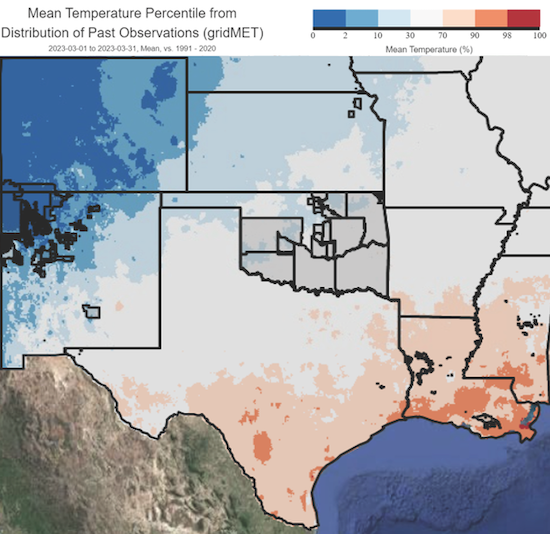 In March 2023, much of the Southern Plains saw near- or slightly below-normal temperatures, except for southern Texas, where temperatures were warmer than normal.
